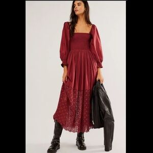 Free People Perfect Storm Midi Dress Burgundy Maroon Eyelet Cottagecore Pesent